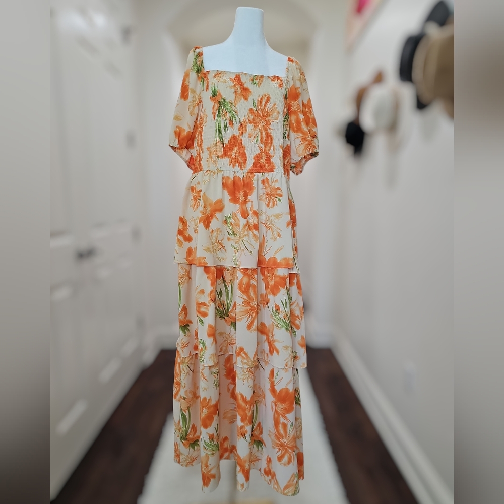 NWT Orange Floral Tiered Maxi Dress – Smocked Bodice